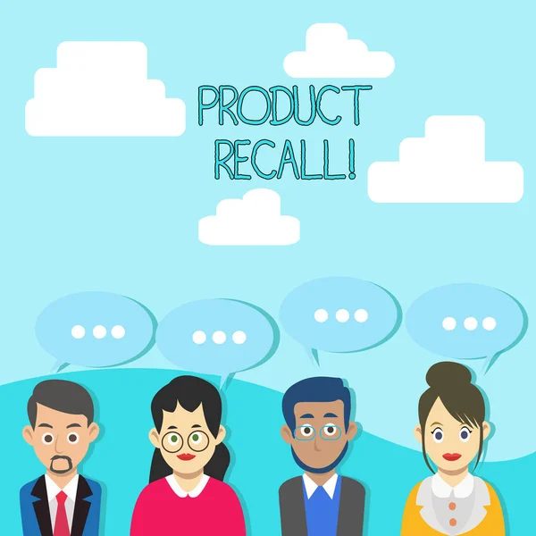 Tekst pisania tekstu Product Recall. Koncepcja biznesowa dla procesu odzyskiwania potencjalnie niebezpiecznych towarów od konsumentów Grupa Biznesmenów z pustym kolorem Chat Speech Bubble with Three Dots. — Zdjęcie stockowe