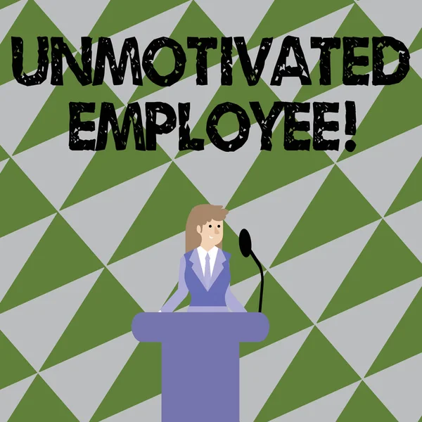Text sign showing Unmotivated Employee. Conceptual photo very low self esteem and no interest to work hard Businesswoman Standing Behind Podium Rostrum Speaking on Wireless Microphone.
