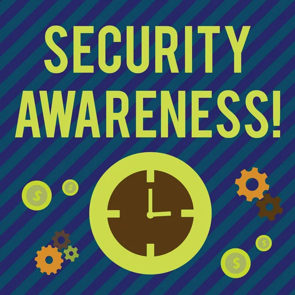 Text sign showing Security Awareness. Conceptual photo educating employees about the computer security Time Management Icons of Clock, Cog Wheel Gears and Dollar Currency Sign.