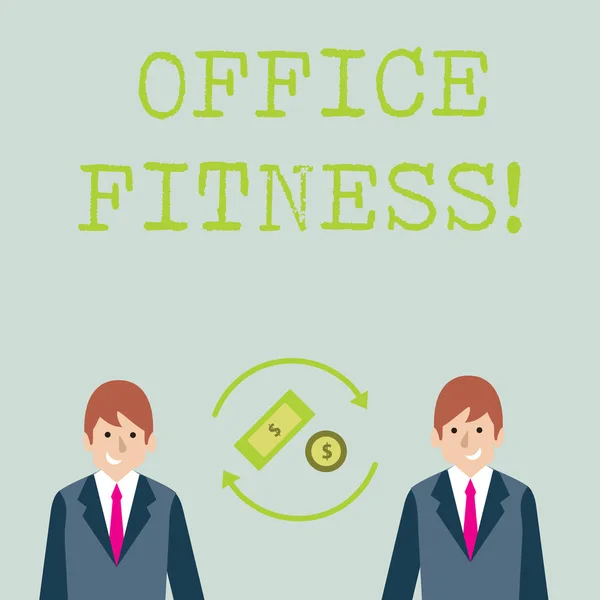 Концептуальный почерк, показывающий Office Fitness. Поощрение фитнеса и равновесия образа жизни на рабочем месте Деньги в долларах Знак "Вращающиеся стрелки между бизнесменами" . — стоковое фото