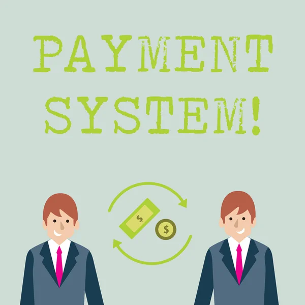 支払システムを示す概念的な手書き。ビジネス写真は、ビジネスマンの間で回転矢印でドル記号で金融取引のお金を支払うか、決済するために使用されるシステムを示しています. — ストック写真