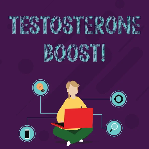 Writing note showing Testosterone Boost. Business photo showcasing rise of primary male sex hormone and an anabolic steroid Woman Sitting with Crossed Legs on Floor Browsing the Laptop. — 스톡 사진