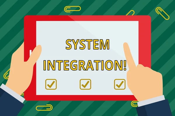 Word writing text System Integration. Business concept for process of bringing together the component subsystem Hand Holding Pointing Touching Blank Rectangular Color Tablet White Screen.