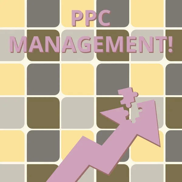 Слова для написання тексту Ppc Management. Діловою концепцією процесу нагляду та аналізу компанії s є те, що реклама Ppc витрачає кольорову стрілу "Наповнення вгору" з розділеною частиною, як піс "Пуцццзле".. — стокове фото