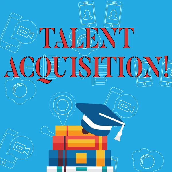 Word writing text Talent Acquisition. Business concept for process of finding and acquiring skilled huanalysis labor Graduation Cap with Tassel Resting on Top of Stack of Colorful Thick Books.