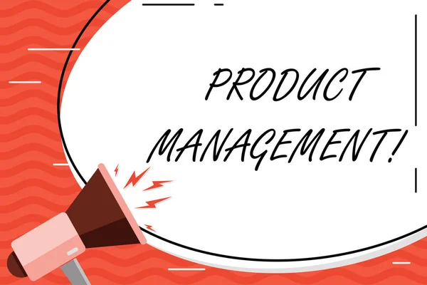 Word writing text Product Management. Business concept for organisational lifecycle function within a company Blank White Huge Oval Shape Sticker and Megaphone Shouting with Volume Icon. — Stock Photo, Image
