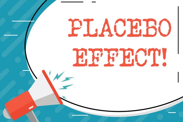 Handgeschreven tekst placebo-effect. Concept betekent een gunstig effect geproduceerd door een placebo-medicijn of behandeling blanco witte enorme ovale vorm sticker en megaphone schreeuwen met volume pictogram. — Stockfoto