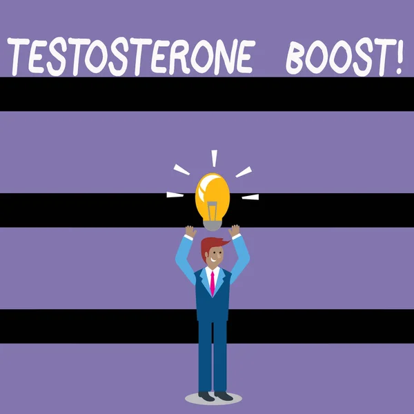 Writing note showing Testosterone Boost. Business photo showcasing rise of primary male sex hormone and an anabolic steroid Businessman Raising Arms Upward with Lighted Bulb icon above. — 스톡 사진