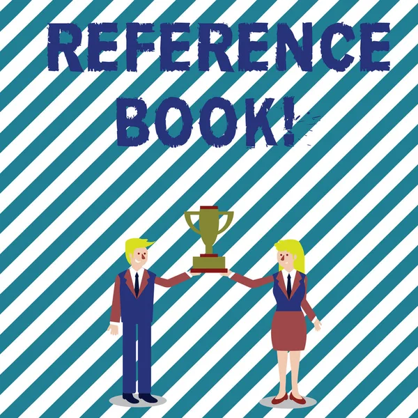 Handwriting text writing Reference Book. Concept meaning book to be consulted for information on specific matters Man and Woman in Business Suit Holding Together the Championship Trophy Cup.
