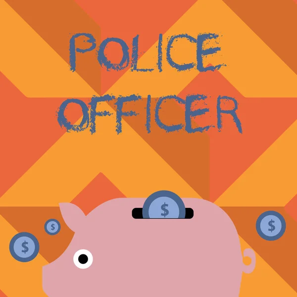 Handwriting text writing Police Officer. Concept meaning a demonstrating who is an officer of the law enforcement team Colorful Piggy Money Bank and Coins with Dollar Currency Sign in the Slit. — Stock Photo, Image