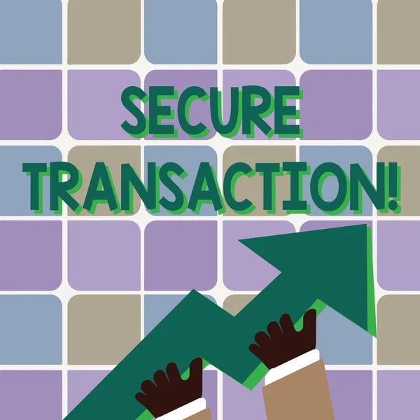 Conceptual hand writing showing Secure Transaction. Business photo showcasing a transaction intended to create a security interest Hand Holding Colorful Huge 3D Arrow Pointing and Going Up.