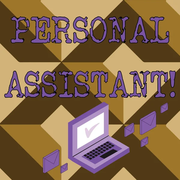 Conceptual hand writing showing Personal Assistant. Business photo text administrative assistant working exclusively for a demonstrating Mail Envelopes around Laptop with Check Mark icon on Monitor.