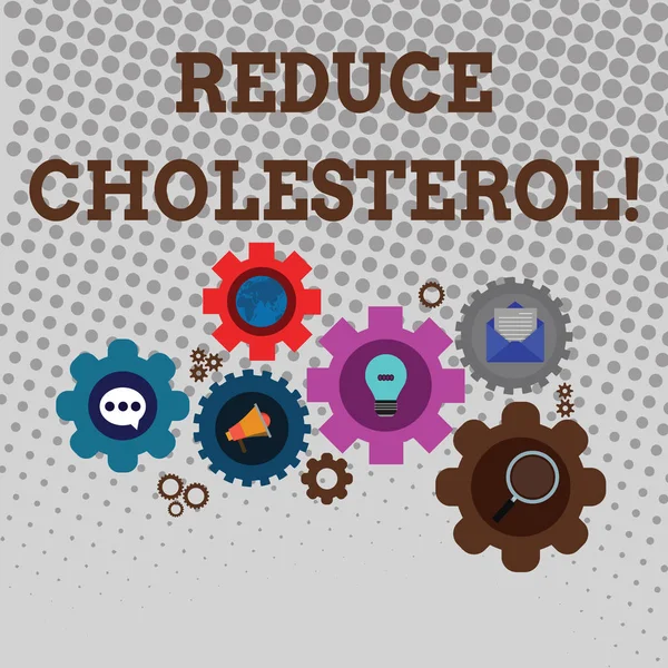 Kézírás szöveg írás csökkenti a koleszterinszintet. Koncepció értelmében csökkenti a bevitt telített zsírok az étrendben készlet-ból világ-online társadalmi hálózat ikonok belül színes fogaskerék Gear. — Stock Fotó