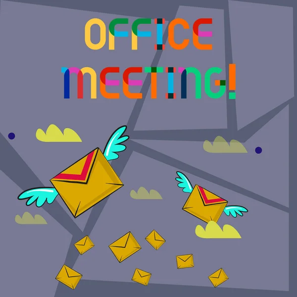 Word writing text Office Meeting. Business concept for Colleagues come together to discuss issues or things Many Colorful Airmail Flying Letter Envelopes and Two of Them with Wings. — 스톡 사진