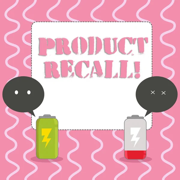 Text sign showing Product Recall. Conceptual photo process of retrieving potentially unsafe goods from consumers Fully Charged and Discharged Battery with Two Colorful Emoji Speech Bubble.