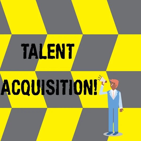 Text sign showing Talent Acquisition. Conceptual photo process of finding and acquiring skilled huanalysis labor Businessman Looking Up, Holding and Talking on Megaphone with Volume Icon.