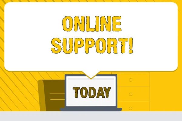 Word writing text Online Support. Business concept for electronic usually webbased version of customer service Blank Huge Speech Bubble Pointing to White Laptop Screen in Workspace Idea. — Stock Photo, Image