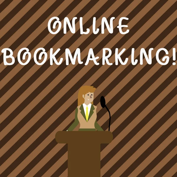 Handwriting text writing Online Bookmarking. Concept meaning used to save a URL address for future reference Businesswoman Standing Behind Podium Rostrum Speaking on Wireless Microphone.