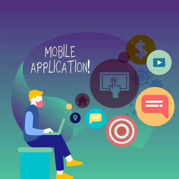 Text sign showing Mobile Application. Conceptual photo application software designed to run on a mobile device Man Sitting Down with Laptop on his Lap and SEO Driver Icons on Blank Space. — Stock Photo, Image