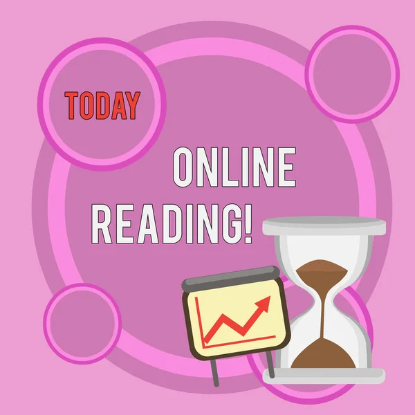 Writing note showing Online Reading. Business photo showcasing process of extracting meaning is in a digital format Growth Chart with Arrow Going Up and Hourglass Sand Sliding.