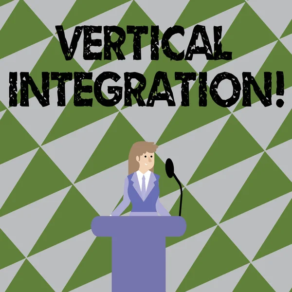 Text sign showing Vertical Integration. Conceptual photo Merger of companies at different stages of production Businesswoman Standing Behind Podium Rostrum Speaking on Wireless Microphone. — Stock Photo, Image
