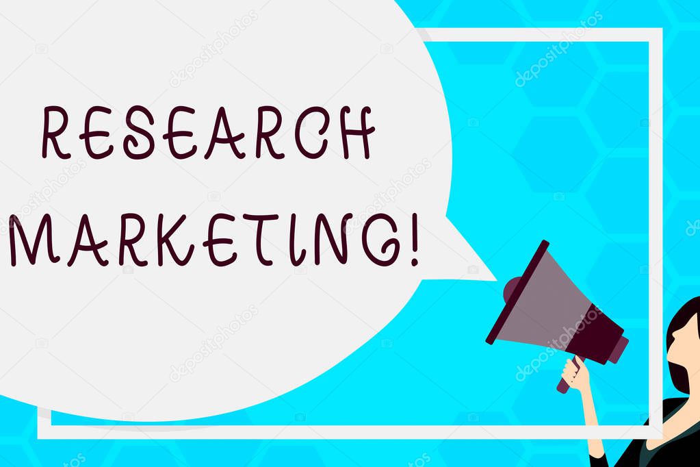 Text sign showing Research Marketing. Conceptual photo process of gathering and interpreting info about a market Huge Blank Speech Bubble Round Shape. Slim Woman Holding Colorful Megaphone.