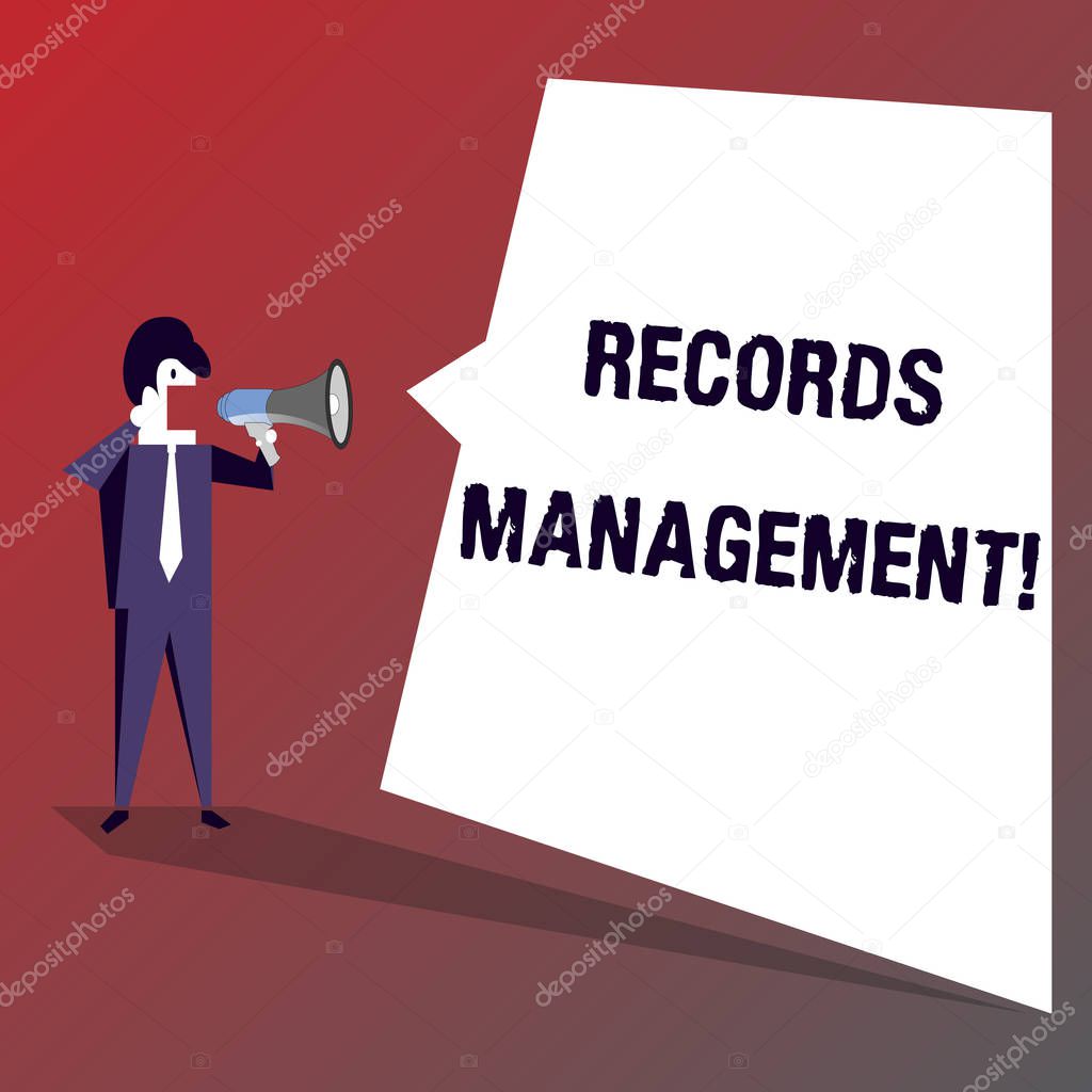 Conceptual hand writing showing Records Management. Business photo showcasing administration of records and documented information Businessman Shouting on Megaphone and White Speech Bubble.
