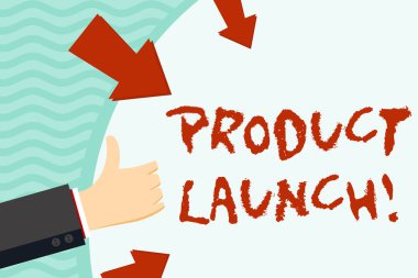 El yazısı metin yazma Ürün Lansmanı. Kavram anlamı süreci ilk kez satışa yeni ürün tanıtmak için El Gesturing Thumbs Up ve Oklar ile Boş Alan Yuvarlak Şekil Holding.