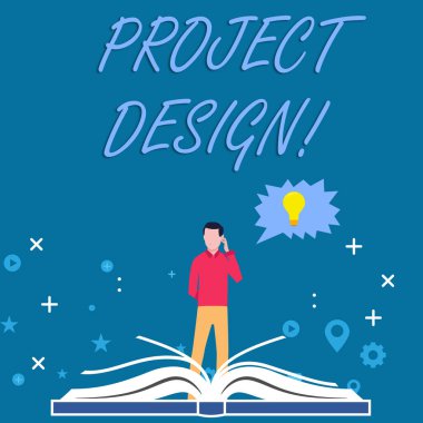 Proje Tasarımı 'nı gösteren not yazılıyor. Müşteriler için bir ürün oluşturma ya da geliştirme amaçlı iş fotoğrafı gösterimi süreci Ampul ile Açık Kitap Arkasında Jagged Konuşma Baloncuğu.