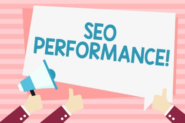 El yazısı metin Seo Perforanalysisce. Kavram anlamı web sitesi El Holding Megafon ve Metin Balon ile Diğer İki Gesturing Thumbs Up trafik miktarını ve kalitesini artırmak.