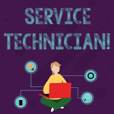 Servis teknisyenini gösteren bir not yazıyorum. İş fotoğrafı gösterimi, kurulum ve onarım alanındaki her şeyi yönetiyor. Dizüstü bilgisayarını karıştıran çapraz bacaklı bir kadınla oturan kadın..