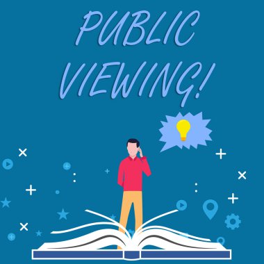 Writing note showing Public Viewing. Business photo showcasing Describes the viewing of an event in a public crowd Man Standing Behind Open Book Jagged Speech Bubble with Bulb.