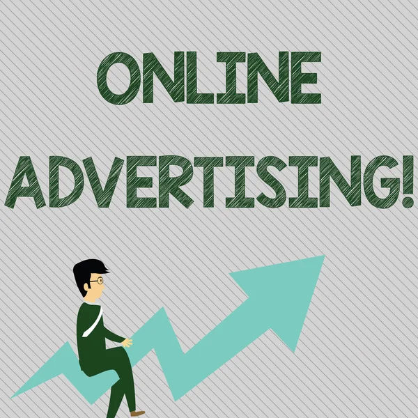 Text sign showing Online Advertising. Conceptual photo uses the Internet to marketing messages to customers Businessman with Eyeglasses Riding Crooked Color Arrow Pointing Going Up. — Stock Fotó