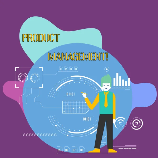 Conceptual hand writing showing Product Management. Business photo showcasing organisational lifecycle function within a company Man Holding Pen Pointing to Chart Diagram SEO Process Icons. — Stock Photo, Image