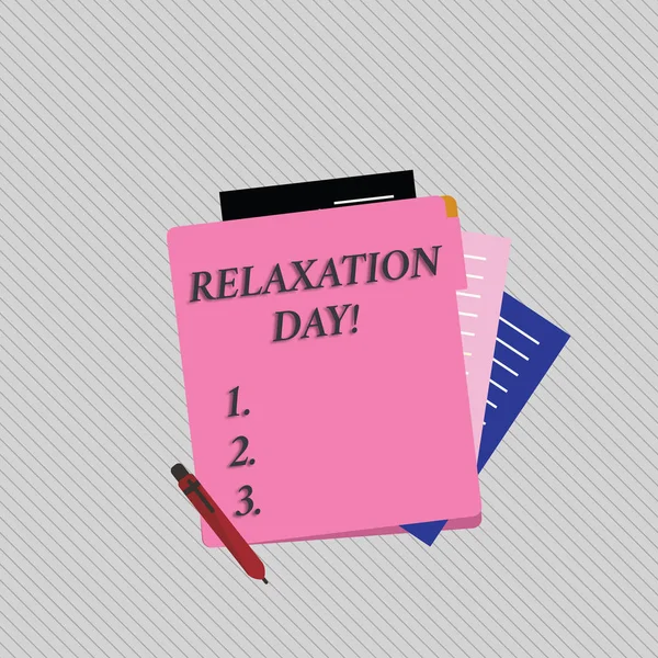Text sign showing Relaxation Day. Conceptual photo pleasant activity that makes you become calm and less worried Colorful Lined Paper Stationery Partly into View from Pastel Blank Folder.