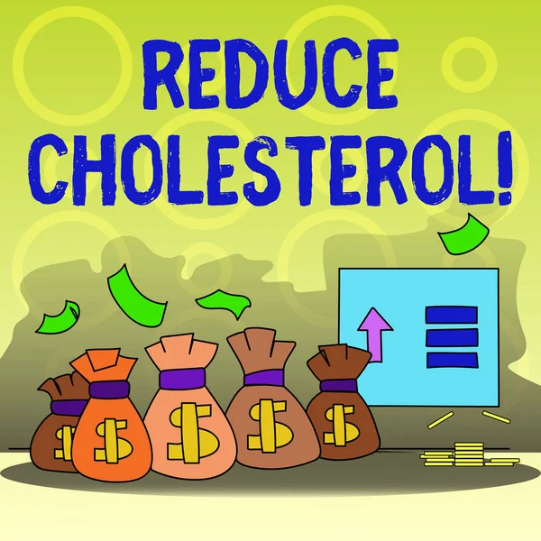 Writing note showing Reduce Cholesterol. Business photo showcasing lessen the intake of saturated fats in the diet Bag with Dollar Currency Sign and Arrow with Blank Banknote. — Stock Photo, Image