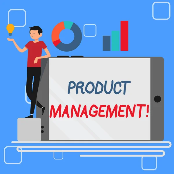 Handwriting text Product Management. Concept meaning organisational lifecycle function within a company Man Leaning on Blank Smartphone Turned on Its Side with Graph and Idea Icon. — Stock Photo, Image