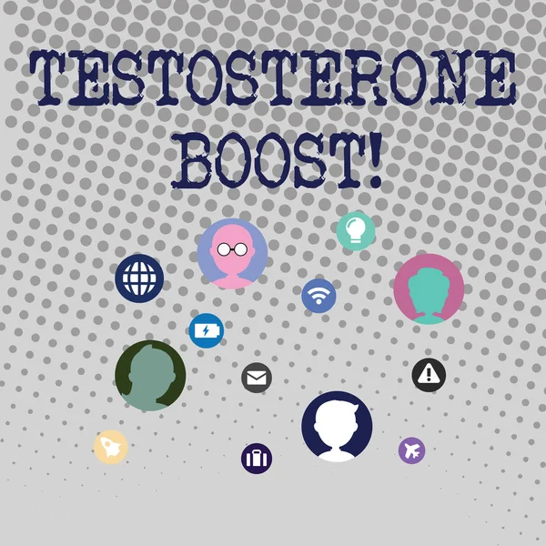 Handwriting text writing Testosterone Boost. Concept meaning rise of primary male sex hormone and an anabolic steroid Networking Technical Icons with Chat Heads Scattered on Screen for Link Up.