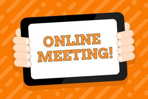 Conceptual hand writing showing Online Meeting. Business photo text a meeting that takes place over an electronic medium Color Tablet Smartphone with Screen Handheld Back of Gadget.