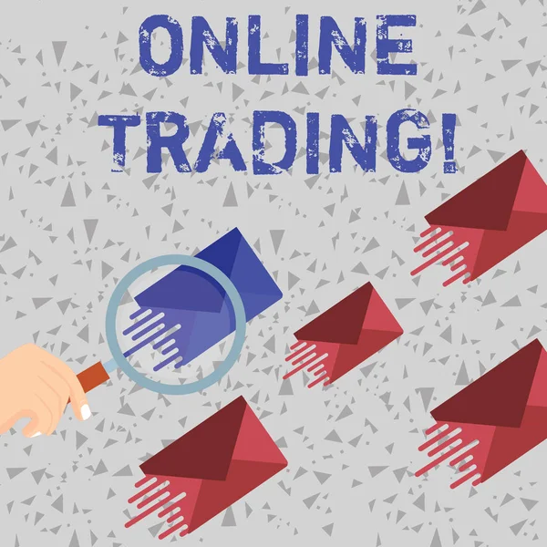 Word writing text Online Trading. Business concept for the buying and selling financial products on the web Magnifying Glass on One Different Color Envelope and others has Same Shade. — 스톡 사진