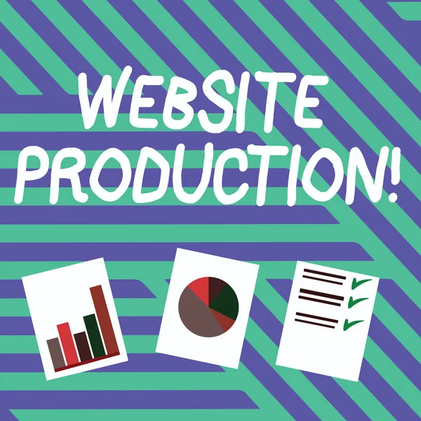 Conceptual hand writing showing Website Production. Business photo text process of creating websites and it s is components Presentation of Bar, Data and Pie Chart Graph on White Paper.