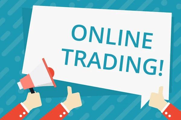Text sign showing Online Trading. Conceptual photo the buying and selling financial products on the web Hand Holding Megaphone and Other Two Gesturing Thumbs Up with Text Balloon. — 스톡 사진