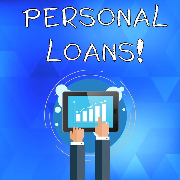 Handwriting text writing Personal Loans. Concept meaning unsecured loan and helps you meet your financial needs Businessman Hand Touching Pointing to Bar Line Chart on Smartphone Screen. — Stock Photo, Image