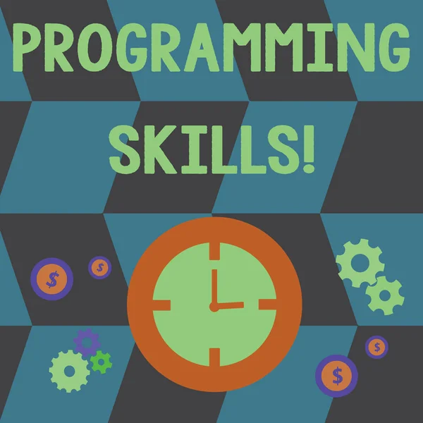 Tekst schrijven Programmering Skills. Business concept voor vaardigheden die van vitaal belang zijn om een programma te schrijven, zodat de computer kan verwerken Time Management Icons of Clock, Cog Wheel Gears en Dollar Valuta Aanmelden. — Stockfoto