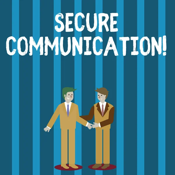 Word writing text Secure Communication. Business concept for preventing unauthorized interceptors from accessing Two Businessmen Standing, Smiling and Greeting each other by Handshaking. — 스톡 사진
