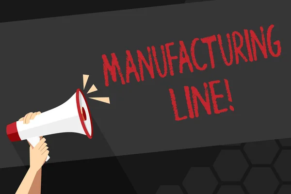 Text sign showing Manufacturing Line. Conceptual photo set of sequential operations established in a factory Human Hand Holding Tightly a Megaphone with Sound Icon and Blank Text Space.