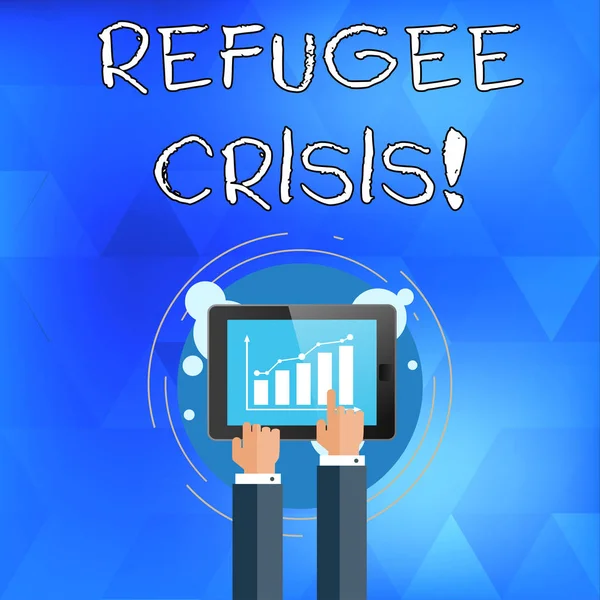 Handwriting text writing Refugee Crisis. Concept meaning refer to movements of large groups of displaced showing Businessman Hand Touching Pointing to Bar Line Chart on Smartphone Screen. — Stockfoto