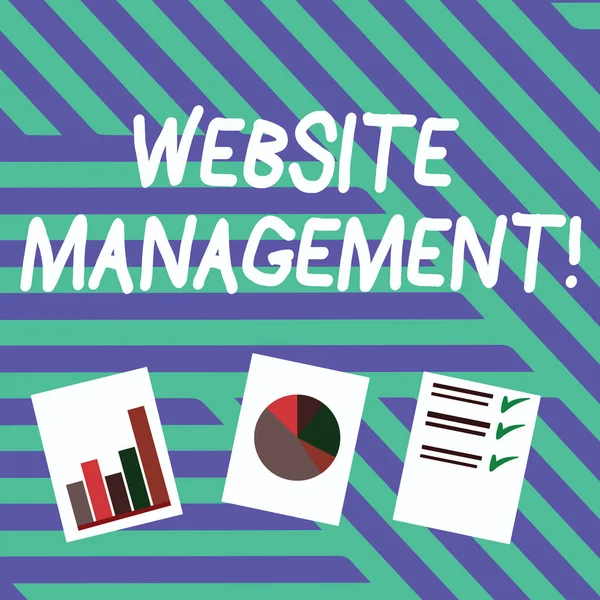 Conceptual hand writing showing Website Management. Business photo text control of the hardware and software used in a website Presentation of Bar, Data and Pie Chart Graph on White Paper.