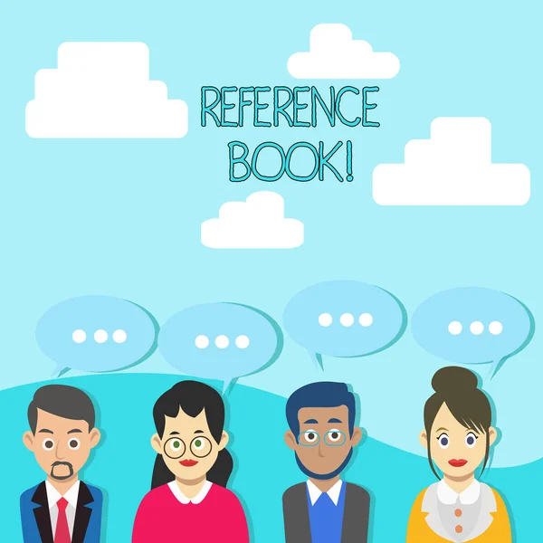 Word writing text Reference Book. Business concept for book to be consulted for information on specific matters Group of Business People with Blank Color Chat Speech Bubble with Three Dots. — 스톡 사진