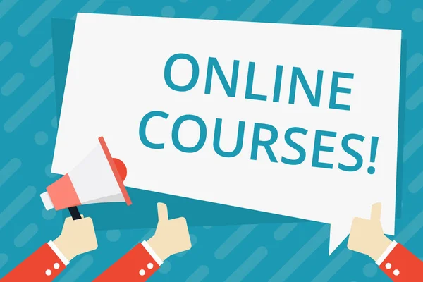 Text sign showing Online Courses. Conceptual photo courses deliver a series of lessons to a web browser Hand Holding Megaphone and Other Two Gesturing Thumbs Up with Text Balloon.